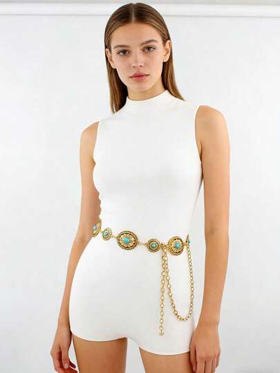 1pc Women's Waist Belt/Brown Belt/Waist Chain/Gold Waist Belt/Turquoise Inlaid Waist Chain/Buckle Western Style Geometric Retro Body Chain, Casual Tassel Suitable For Summer Dress Matching