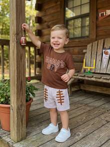 Toddler Baby Boy Summer Outfits Letter Baseball/Football /Rugby Embroidery Short Sleeve T Shirt And Plaid Shorts 2 Pcs Set, Toddler Baby Boy Football Clothing Set, - 紅棕色 - 查看 2