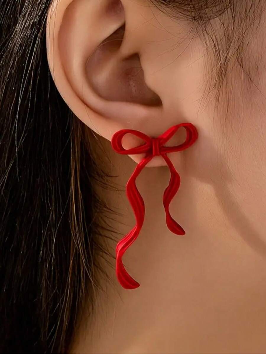 1 Pasang Anting-Anting Rumbai Pita Merah Lucu, Modis, Elegan, Menawan, Serbaguna, Gaya Eropa dan Amerika - Merah - View 1
