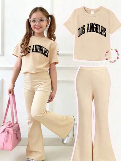 This Casual Girl's Set Includes A Beige Round Neck T-Shirt With Letter Print And A Hand-Held Cup, Paired With Beige Flare Pants. It Is Very Suitable For Going To School, Shopping, Street Style And Vacation. It Is An Ideal Choice For Girls' Daily Wear, And Also A Great Gift For Friends And Family.