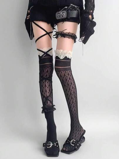1 Pair Women's Vintage Lace Trim Hollow Over-The-Knee Socks, Slimming Leg Warmers