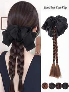优雅黑色缎面蝴蝶结双辫爪夹马尾辫，合成耐热辫子接发，适合女性参加派对和日常佩戴的马尾辫接发，日常发饰。 - 彩色 - 查看 9
