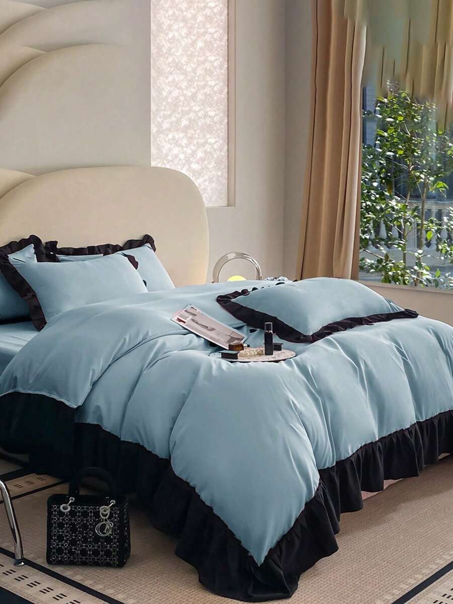 3件套纯色荷叶边柔软舒适被套套装（1个被套+2个枕套），适用于卧室和客房 - 薄荷藍 - 查看 1