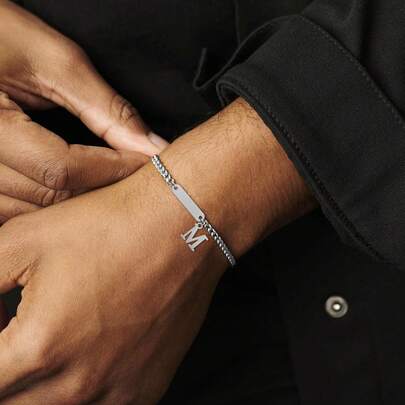 1pc Simple Fashion Silvery Rectangle Initial Men Bracelet Punk Stainless Steel Cuban Chain Bracelets For Men
