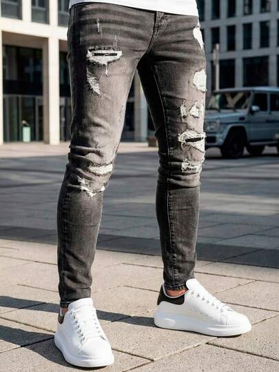 Gescheurde jeans voor heren, slim fit, licht taps toelopende pijpen, spandex denim, knoopsluiting, 5 zakken, stretchstof, slim fit streetstyle jeans, katoen-viscose mix, casual broek voor heren.