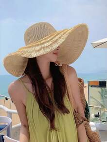 New Spring/Summer Foldable Wide Brim Beach Hat, Sun Protection Straw Hat For Vacation - A - View 3