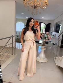 Casual Chic Wide-Leg Set - Two Pieces (Tank Top + Flowy Pants) - nude - 查看 2