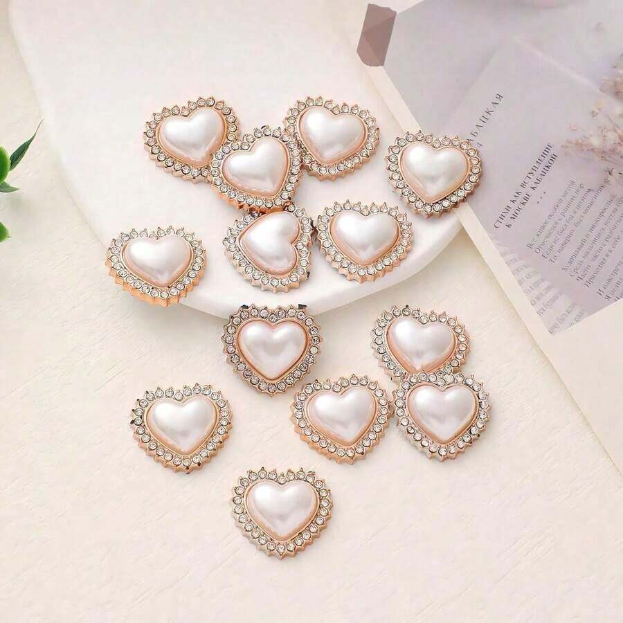 1/10pcs Pearl Heart Cabochons – Rose Gold Rhinestone Heart Appliques DIY - Diamond-studded Version - View 1