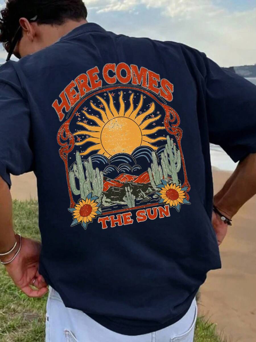 Coastal | Men's Vacation Style Retro & Western Inspired Graphic Print Loose Fit Casual Short Sleeve T-Shirt