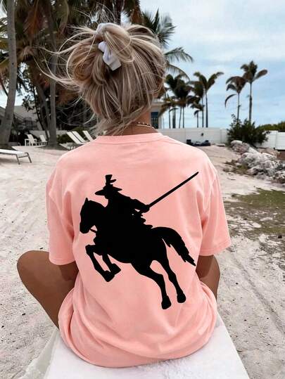 This Casual Pink Round Neck T-Shirt Features A Horse Riding Design, Very Suitable For Girls And Slightly Older Children. It Can Be Worn For School, Shopping, Street Style And Vacation. It Is Not Only Suitable For Daily Wear, But Also An Excellent Gift For Friends And Family.