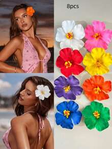 1/3pcs Hibiscus Artificial Flowers, Hawaiian Party Summer DIY Decor, Grass Skirt Dance Party Hair Accessories - Multicolor - View 11