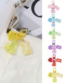 1pc Fashionable Women's Transparent Heart-Shaped Candy Bear Keychain, Girl Backpack Hanging Chain, Car Key Chain - A - View 3
