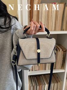 1 chiếc túi xách tay tối giản bằng vải lanh phối màu, túi tote vuông, túi đeo vai dành cho nữ, phù hợp để đi làm, mua sắm, hẹn hò, công sở. - màu đen - Xem 9