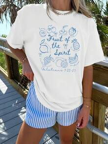 1pc Women's Casual 'Fruit Spirit' Pattern T-Shirt- Short Sleeve, Round Neck, Lightweight, Summer And Spring Top, Featuring Vivid Fruit Illustrations, Beach-Themed Design, Beachwear| Vivid Print Top| Comfortable Fit, Beachwear Woman 180g Polyester T-Shirt - 白色 - 查看 2