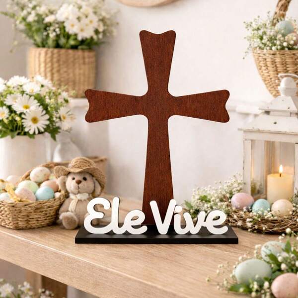 MDF Universe Crucifixo Decorativo Ele Vive em MDF 25cm – Decoração Religiosa Cristã para Mesa de Páscoa