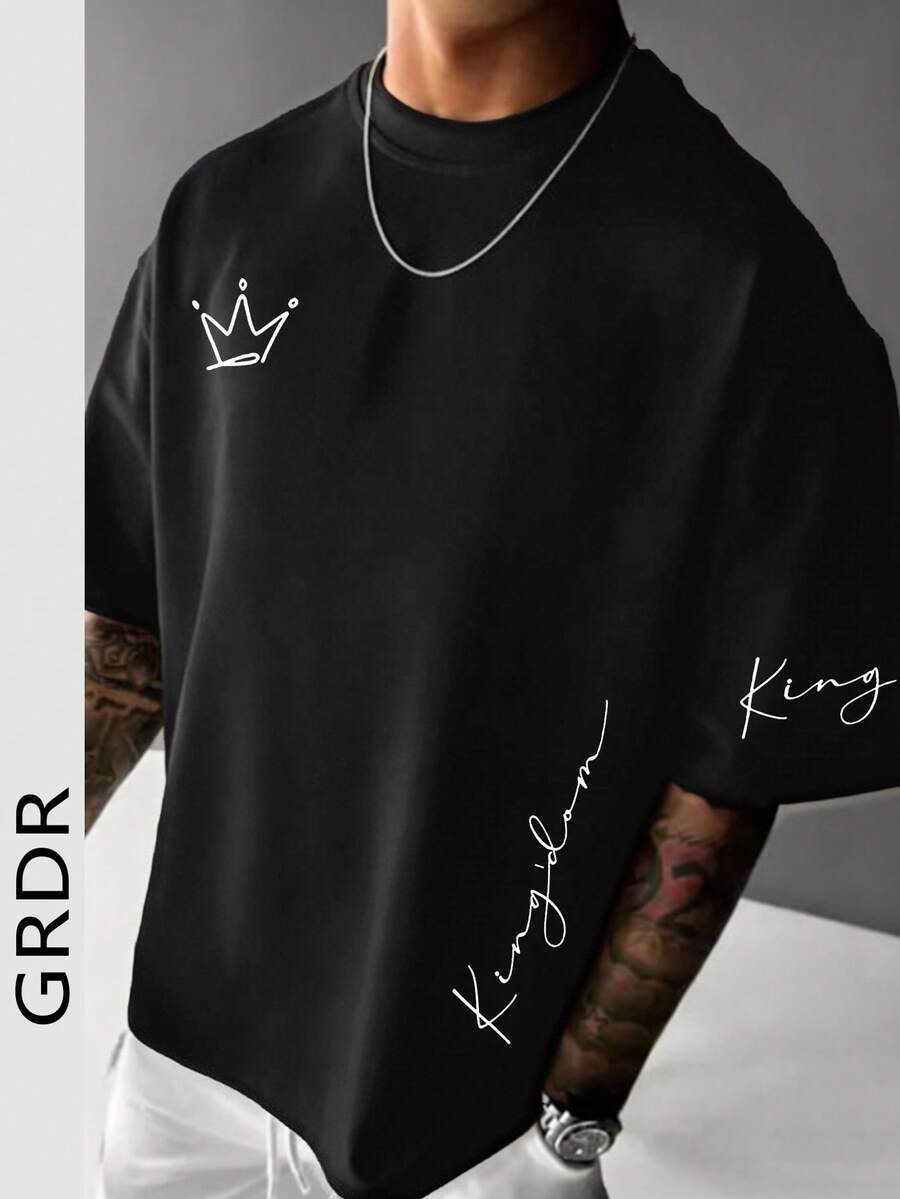 GRDR 男士休闲印花圆领短袖T恤，夏季 - 黑色 - 查看 1