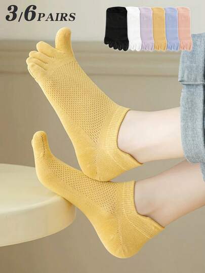 3/6 Pairs Women Candy Color Assorted Ankle Socks, Solid Color, Mesh, Ribbed, Thin For Spring/Summer, Unisex, Knitted Fabric, Minimalist Toe Socks, Suitable For Home, Commute, Casual, Sports, Holiday Gift