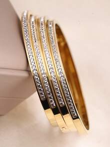 3pcs/1pc Luxury Fully Rhinestoned Stainless Steel Bangle Bracelet, Elegant Personalized Open Cuff Bracelet, Versatile For Commute And Dating, Valentine's Day Gift - Gold - View 3