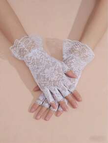 1 Pair White Lace Fingerless Gloves, Suitable For Bridal Wear, Summer Sun Protection - White - View 1