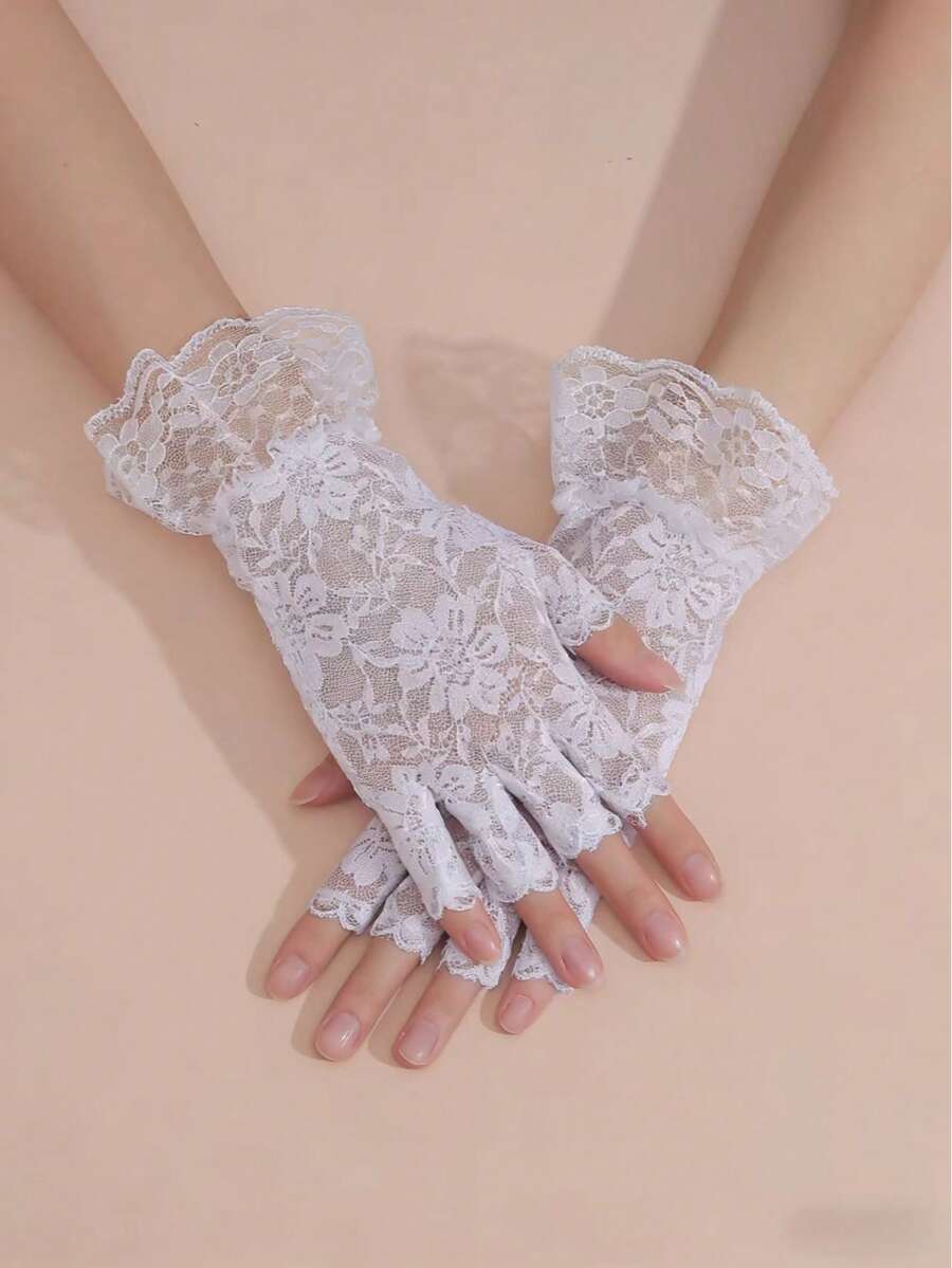 1 Pair White Lace Fingerless Gloves, Suitable For Bridal Wear, Summer Sun Protection - White - View 1