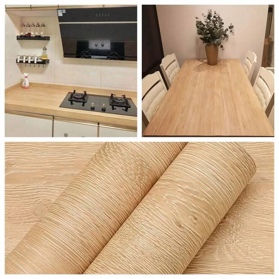 1卷自粘橡木纹理PVC壁纸，乙烯基材质，逼真木纹，易粘贴易移除，耐油，防水，耐热，非常适合厨房橱柜、台面、家具和墙面翻新，易于安装，壁纸翻新，无缝图案设计，耐油材质，尺寸：15.7英寸 x 196.8/118.1/39.3英寸，自粘可移除木纹壁纸