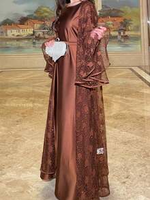 Elegant Plus Size Set, Round Neck Flare Sleeve, Waist Tie With Ruffle And Contrast Lace Detail Spring Brown Fall - Brown - View 2