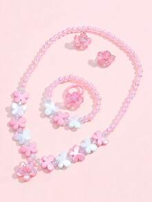 5件套女孩可爱蝴蝶花朵串珠项链、手链、耳环、戒指首饰套装，适合日常佩戴、节日派对、生日礼物 - 均碼 - 查看 2