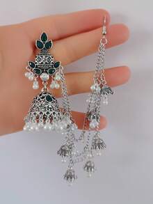 复古风垂坠耳环链，合金发链搭配仿珍珠耳环，适合女性日常佩戴、婚礼、节日配饰 - 掛鏈耳環 - 查看 7