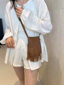 Bolso de hombro tipo cubo de gran capacidad, minimalista y de moda casual con flecos - Marrón - Ver 3