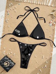 2pcs/Set Sexy Spaghetti Strap Solid Black Sequin Bikini Swimwear, Suitable For Beach Vacation, Music Festivals, Pool Parties, Spring/Summer - Black - View 2