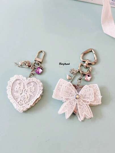 Lace Heart Mini Mirror Rhinestone Bow Car Keychain Delicate Bag Charm Pendant, New Arrival