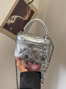 New Fashion Classic Multifunctional Waterproof PU Material, Diamond Quilted Pattern Handbag, Lightweight And Easy To Carry, Zipper Closure Design, Heart-Shaped Zipper Decor Crossbody Round Box Bag, Coin Purse, Suitable For Shopping, Travel, Commuting - 銀色 - 查看 8