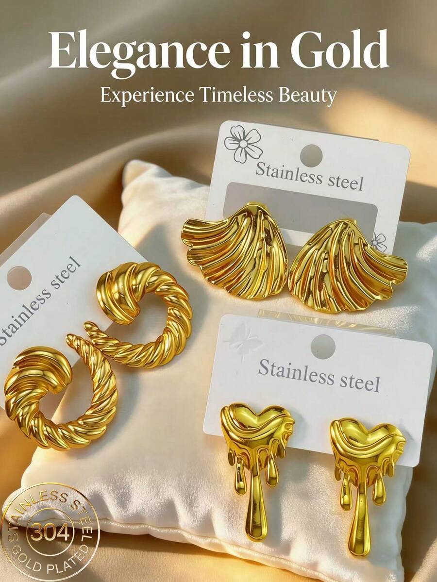 Sturdy And Durable Stainless Steel Earrings, Golden Geometric-Shaped Stainless Steel Jewelry, Ladies' Earrings, Pituitary Earrings, Gold-Plated Hinge Round Earrings, Bamboo, Texture, Diamond Cutting, Hexagon, Square, Circle - Multicolor - View 1