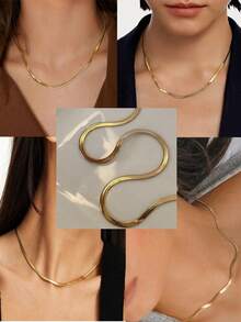 1 pieza Collar con cadena plana de acero inoxidable y estilo punk, chapado en oro de 18K, no se desvanece, versátil y liso, adecuado para hombres y mujeres - Multicolor - Ver 1