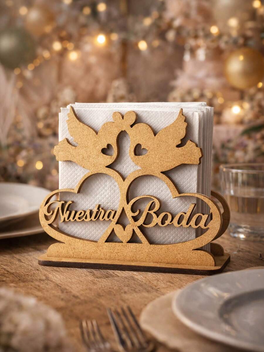 Servilletero de Madera "Nuestra Boda" con Palomas y Corazones - Decoración para Mesa de Boda y Eventos - 10x10cm - Café integral - Ver 1