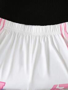 2pcs/Set Girls Casual Sports Chic American College Style Classic Side Stripe Number 67 Letter Print Loose Comfortable Raglan Sleeve T-Shirt And Shorts Set, Spring/Summer - Pink - View 6