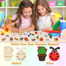 48 Pcs DIY Wooden Magnets Wooden Art Craft Supplies Painting Kit For Ages 4-8 8-12 Glow In The Dark Party Favors Goodie Bag Stuffers Birthday Gifts Toys For Boys Girls - Wooden - View 4