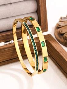 奢华闪亮四叶草锆石不锈钢女士手链，适合多种场合 - 金黃色 - 查看 19