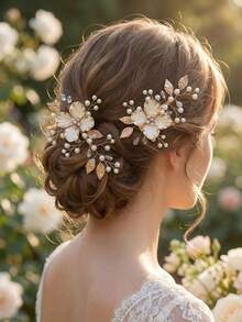 2pcs Handmade Crystal & Pearl Flower Hair Clips, Gold Tone Metal Leaf Bridal Headpiece Set - Gold - View 2