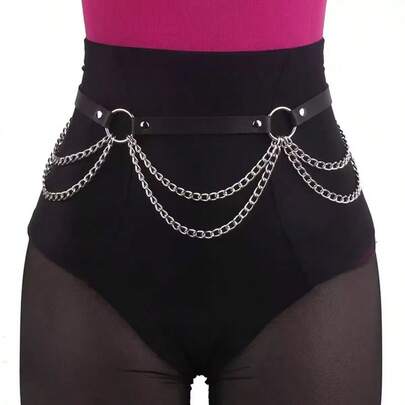 1pc Plus Size Women's Sexy Black Waist Belt Chain, Gothic Style Waist Cincher With Studs And Tassels, Suitable For Daily Commute, Music Festivals, Halloween Parties And Celebrations