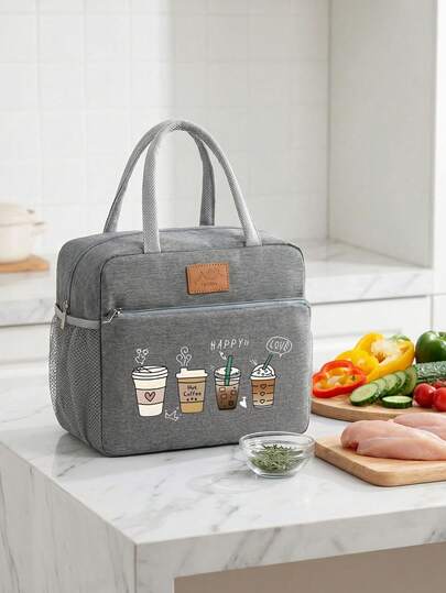 Bolsa de almuerzo aislada con diseño de taza de café de 4 tazas y bolsa para utensilios negra, bolsa térmica de almuerzo con doble cremallera y gran capacidad, enfriador de comida portátil para estudiantes, bolsa de picnic de viaje, bolsa de aislamiento para el almuerzo de la oficina y la escuela, lonchera para el trabajo, lonchera para fiestas de oficina y lonchera multiusos para camping al aire libre, adecuada para hombres y mujeres