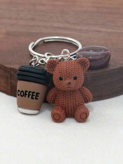 1pc Cute Brown Teddy Bear Keychain - Resin Bear, Coffee Bean, Coffee Cup Shaped Keychain With Metal Ring - Birthday Gift, Coffee Lover Gift, Party Favor, Wallet & Notebook Decor - Fashion Accessory For Women, Funny Design, Durable Metal Ring, Can Be Used As Bag Charm, Gift For Car, Teacher, Friends, Sisters
