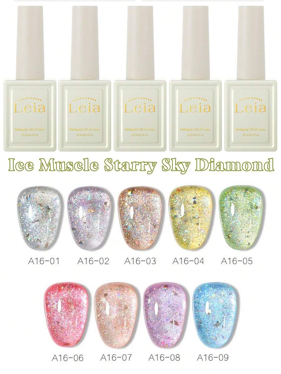 Miss Leia 9支装 15ml 春夏美甲闪粉冰肤星空亮片凝胶指甲油 新款美白彩色亮片指甲油 流行色凝胶指甲油 初学者美甲 UV LED固化可浸泡半永久 适用于美容院美甲沙龙套装 DIY居家节日派对 女士礼物 美甲用品 - 彩色 - 查看 1