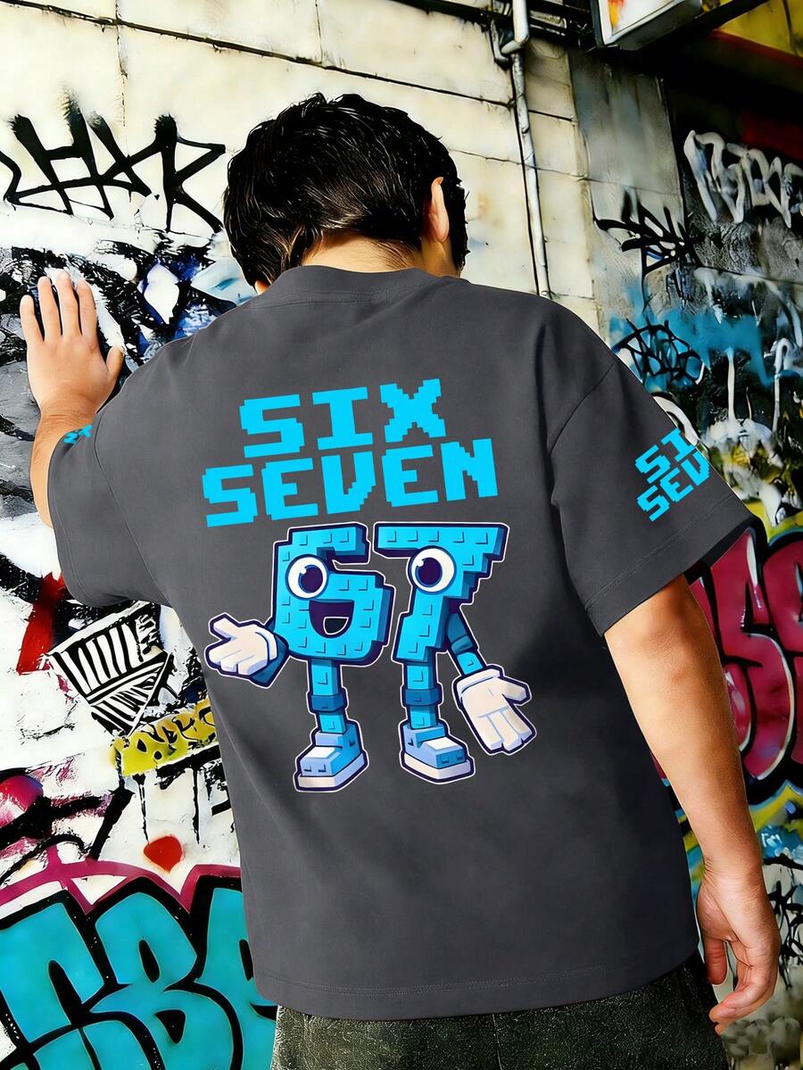 Áo thun cổ tròn in số "67" và chữ cái ngộ nghĩnh dành cho bé trai tuổi teen, hàng mới về. - Màu xám đen - Xem 1