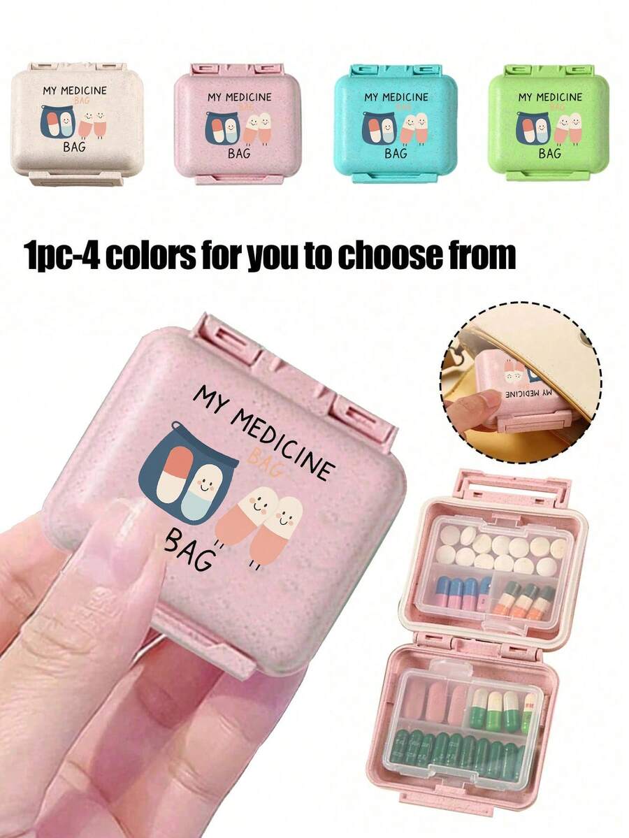 迷你六格便携药盒，药品收纳盒，旅行药盒，印有“我的药袋”和药丸图案，六格周用药整理盒，首次旅行药盒，每日维生素药盒，口袋药盒，精美收纳盒，家居旅行必备