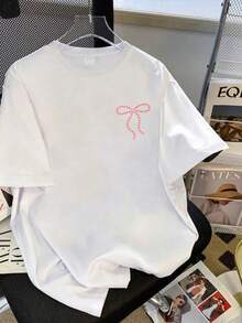 卡通贝壳蝴蝶结印花圆领T恤，休闲柔软上衣，适合年轻女孩，春夏款 - 白色 - 查看 3