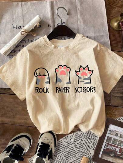 Teenage Girls' Cartoon Cat Paw Print Round Neck T-Shirt, Soft & Comfortable Casual Top For Spring/Summer