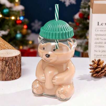 Green Hat Teddy Bear Cold Drink Cup, Fashionable And Hot Cup, Easy To Carry, Essential For Home And Travel, Car With Straw Cold Drink Cup, Milk Tea Cup
