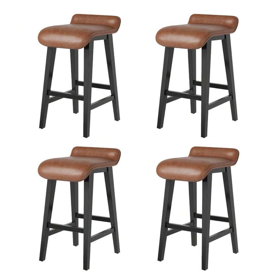 Taburetes de Bar Modernos | Tapizados | Respaldo Bajo | Reposapiés | Patas de Madera | Altura 66.5 cm (26.2") | Juego de 2/4 | para Cocina y Comedor - Marrón - paquete de 4 - Ver 1