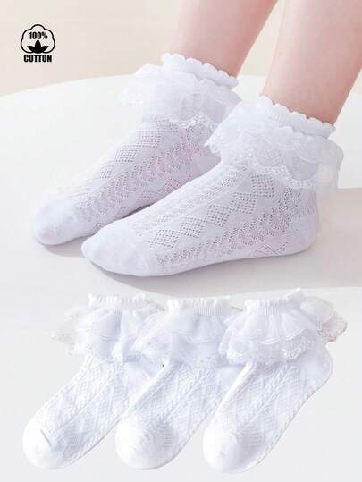 3 Pairs Cotton Butterfly Lace Mesh Frill Trim Socks, Suitable For Summer, Dance, Students, Princess